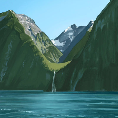 A digital print featuring the Stirling Falls in a vibrant color palette, with a mountain range in the background and a body of water in the foreground.